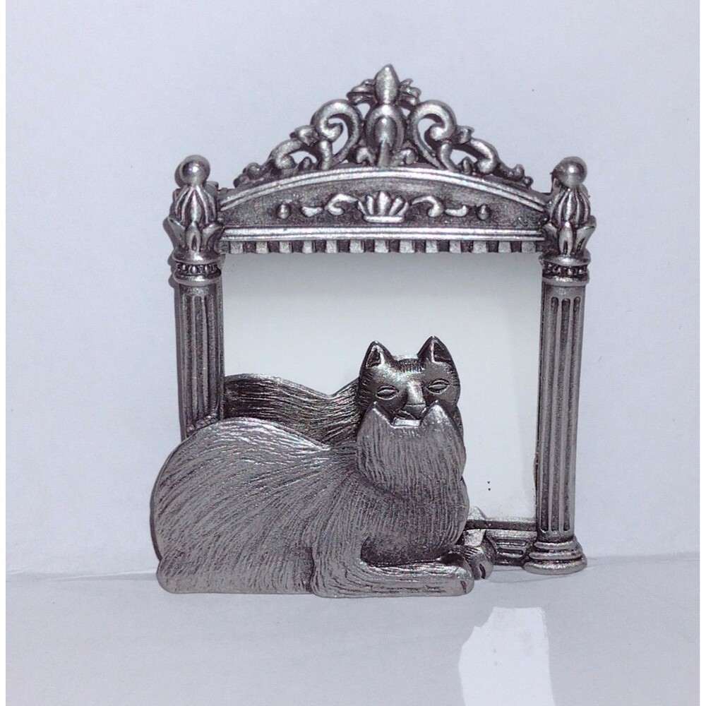 Vintage JJ Jonette Cat Reflection Mirror Frame Pewter Brooch Pin - Picture 3 of 5